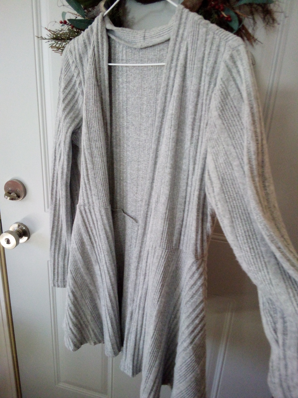 Light Gray Open-Front Ribbed Cardigan Sweater